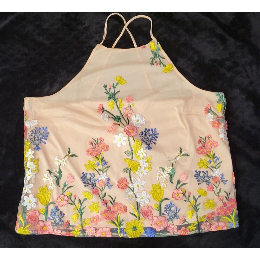 Woman's New York & Company Sleeveless Halter Neck Embroidered Flowers Tank Top